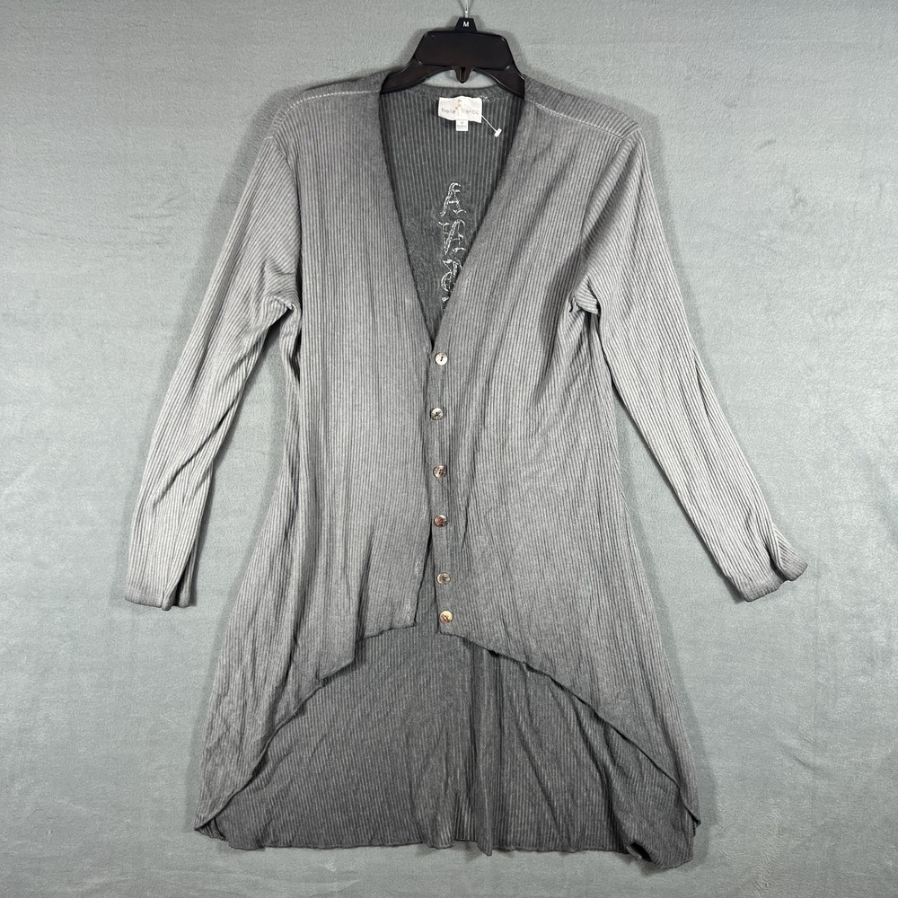 Belle France Women's Gray Rib-Knit High-Low Cardigan Sweater Sequin Wings Size M